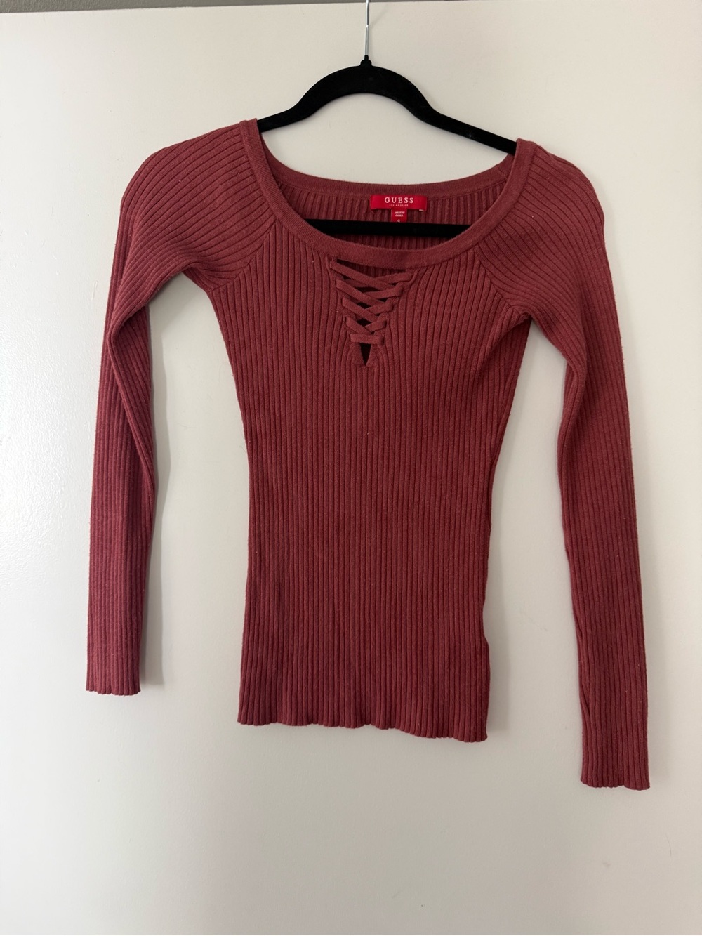 GUESS Ribbed Lace-Up Long Sleeve Top — Mauve Rose